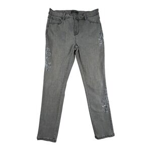 Simon Chang Skinny Jeans Womens 6 Grey Embroidered Rhinestone Stretch